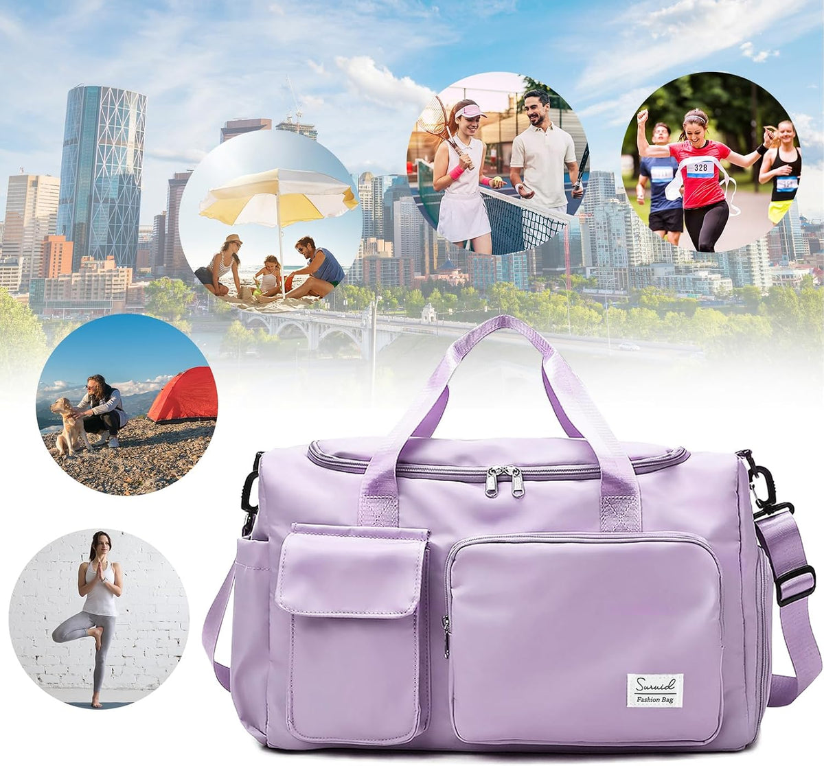 Gym Bag with Shoe Compartment, Sports Duffle Bag for Women, Purple