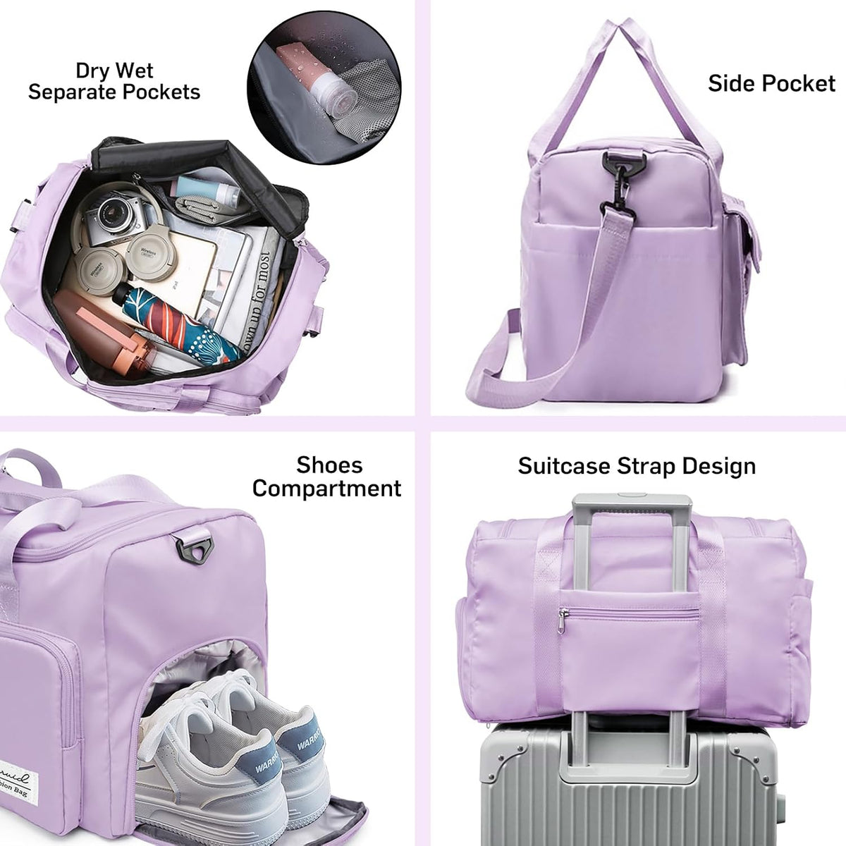 Gym Bag with Shoe Compartment, Sports Duffle Bag for Women, Purple